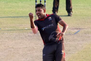 Zahoor Khan of the UAE celebrates his wicket in the ICC World T20 Global Qualifiers A Group A match between Ireland and the UAE at the Oman Cricket Academy Ground in Muscat, Oman on 18th February 2022