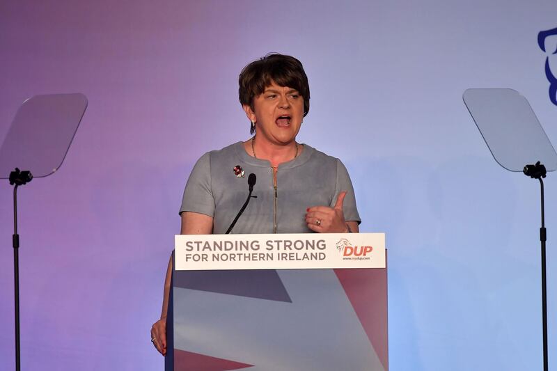BELFAST, NORTHERN IRELAND - OCTOBER 26: DUP leader Arlene Foster delivers her speech during the annual Democratic Unionist Party conference on October 26, 2019 in Belfast, Northern Ireland. (Photo by Charles McQuillan/Getty Images)