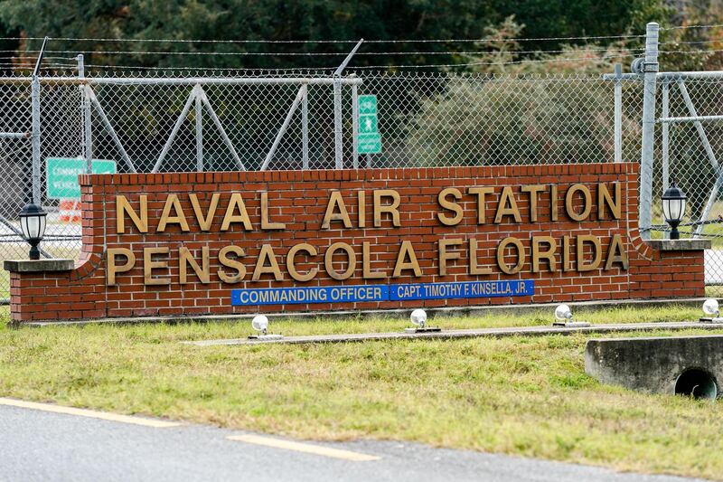 PENSACOLA, FLORIDA - DECEMBER 06: A general view of the atmosphere at the Pensacola Naval Air Station following a shooting on December 06, 2019 in Pensacola, Florida. The second shooting on a U.S. Naval Base in a week has left three dead plus the suspect and seven people wounded.   Josh Brasted/Getty Images/AFP
== FOR NEWSPAPERS, INTERNET, TELCOS & TELEVISION USE ONLY ==
