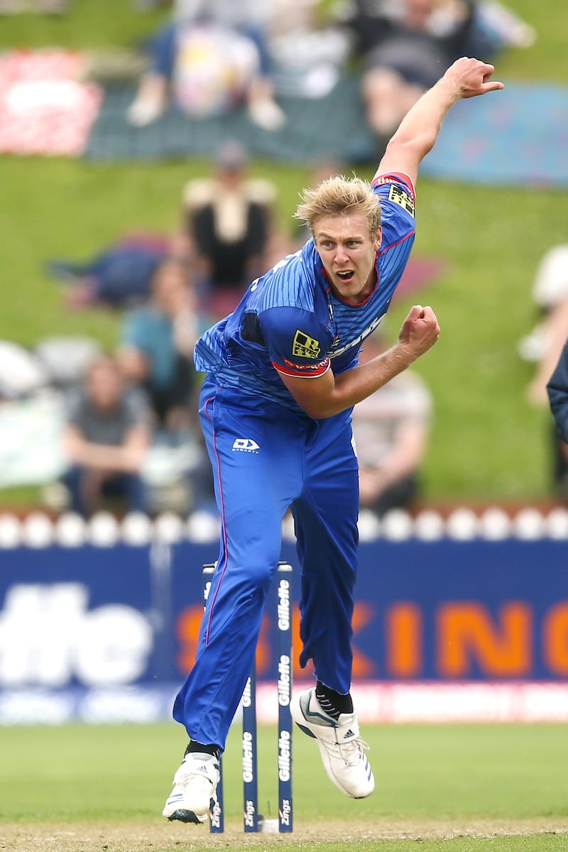 WELLINGTON, NEW ZEALAND - JANUARY 19:  Kyle Jamieson of Auckland bowls during the Super Smash Men's Final between the Wellington Firebirds and Auckland Aces at Basin Reserve on January 19, 2020 in Wellington, New Zealand. (Photo by Hagen Hopkins/Getty Images)