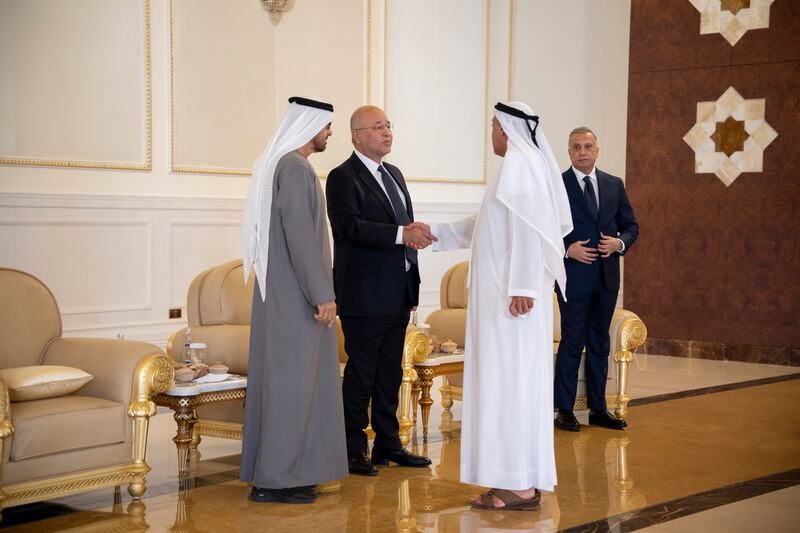 Barham Salih, President of Iraq, and Mustafa Al Kadhimi, Prime Minister of Iraq, offer condolences to Sheikh Mohamed and Sheikh Dr Sultan. Rashed Al Mansoori / Ministry of Presidential Affairs