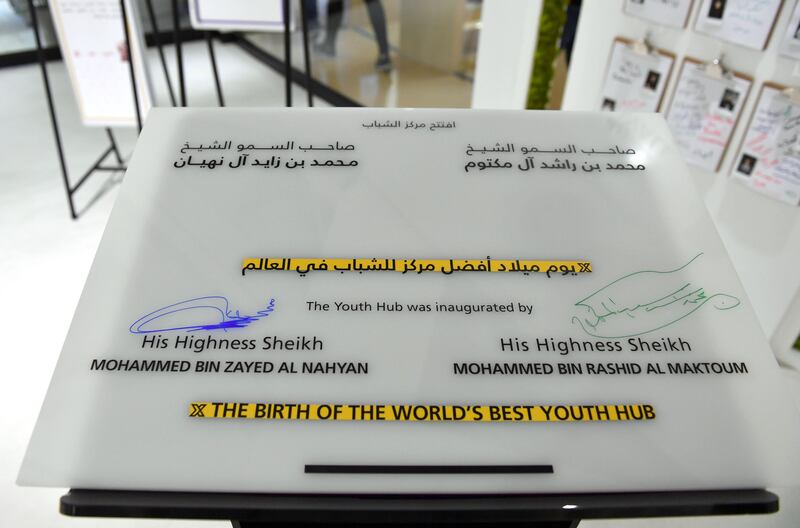 Sheikh Mohammed bin Rashid and Sheikh Mohammed bin Zayed sign the inauguration plaque for the Youth Hub. Wam