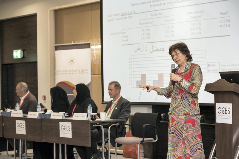 RAS AL KHAIMAH, UNITED ARAB EMIRATES. 08 APRIL 2018. Work being done to improve Arabic teaching in private schools. Helen Abadzi speaking at the GCES symposium. (Photo: Antonie Robertson/The National) Journalist: Ramola Talwar. Section: National.