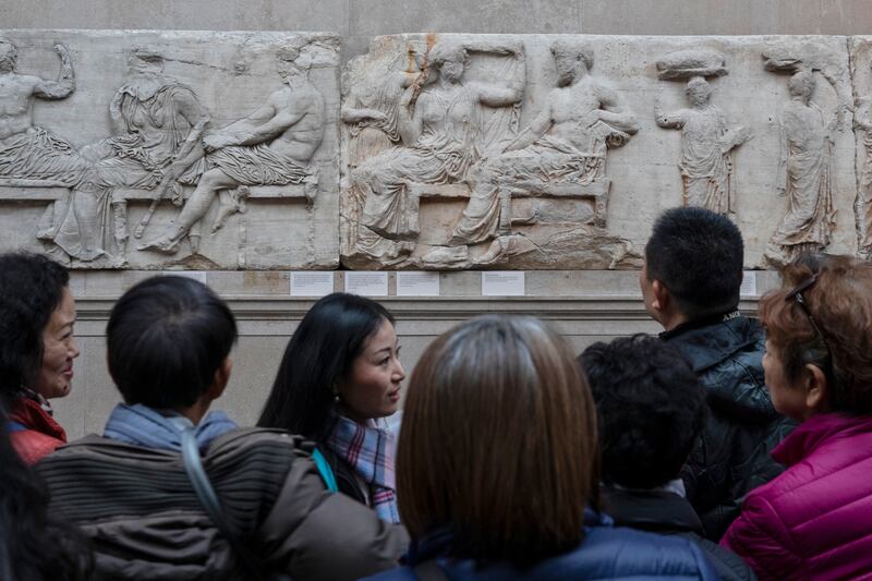 Sections of the Elgin Marbles, also known as the Parthenon Marbles, are displayed at The British Museum in London. Getty Images