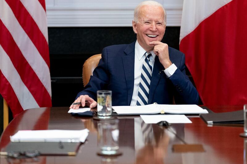 FILE - In this March 1, 2021, file photo President Joe Biden speaks during a virtual meeting with Mexican President Andres Manuel Lopez Obrador, in the Roosevelt Room of the White House in Washington. (AP Photo/Andrew Harnik, File)