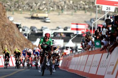 Caleb Ewan on his way to victory in Stage 2 of the UAE Tour on Monday. Satish Kumar / For the National