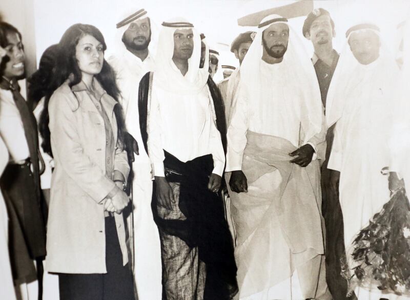 Founding Father Sheikh Zayed and Abdullah Omran Taryam, the Minister of Education at the time, visit the school where Dr Nora Al Midfa was briefly principal before continuing her higher education in 1974. Photo: Dr Nora Al Midfa