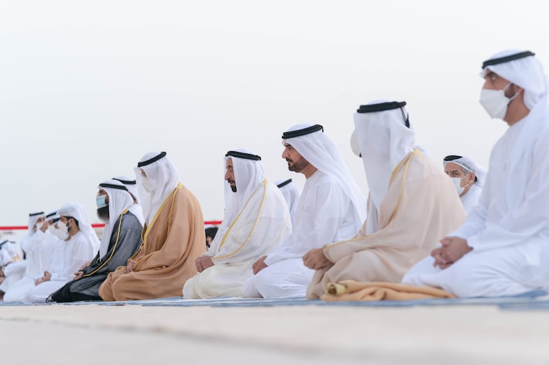 Sheikh Sultan bin Mohammed Al Qasimi, Crown Prince and Deputy Ruler of Sharjah, Sheikh Abdullah bin Salem Al Qasimi, Deputy Ruler of Sharjah, and Sheikh Sultan bin Ahmed Al Qasimi, Deputy Ruler of Sharjah, also offered prayers alongside Sheikh Dr Sultan. Wam