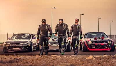 Left to right, Sultan Al-Qassimi, Dany Neville and Khalifa Al-Nahyan, with their modified Nissan Silvias. Lunatics by Nature