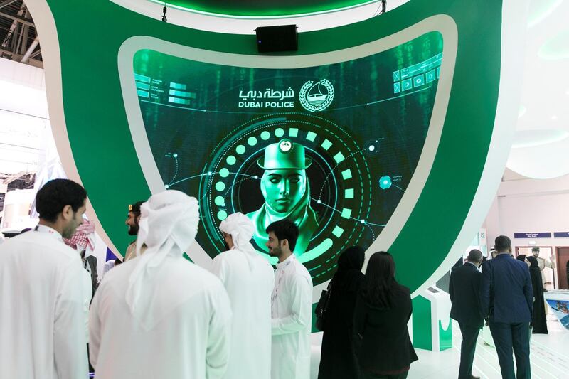 DUBAI, UNITED ARAB EMIRATES - OCTOBER 15, 2018. 

Dubai Police at Gitex Tech Week, held in DWTC.

(Photo by Reem Mohammed/The National)

Reporter: Patrick Ryan + Nick Webster
Section:  NA