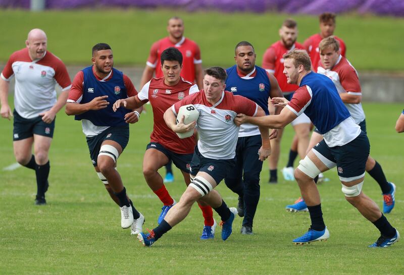 Tom Curry is possession during England's training session in Tokyo. Getty