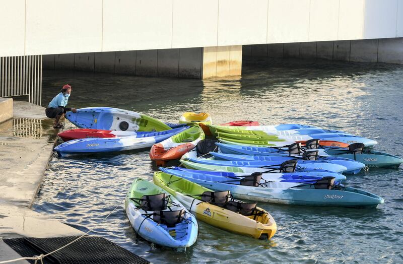 Sunset-AD Kayaks parked at the Louvre in Abu Dhabi on May 19, 2021. Khushnum Bhandari / The National 
Reporter: N/A News
