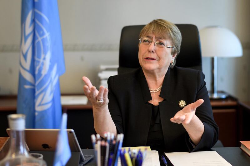 Former Chilean president Michelle Bachelet speaks from her office at the Palais Wilson on her first day as new United Nations (UN) High Commissioner for Human Rights in Geneva, Switzerland, September 3, 2018.  Fabrice Coffrini/Pool via REUTERS