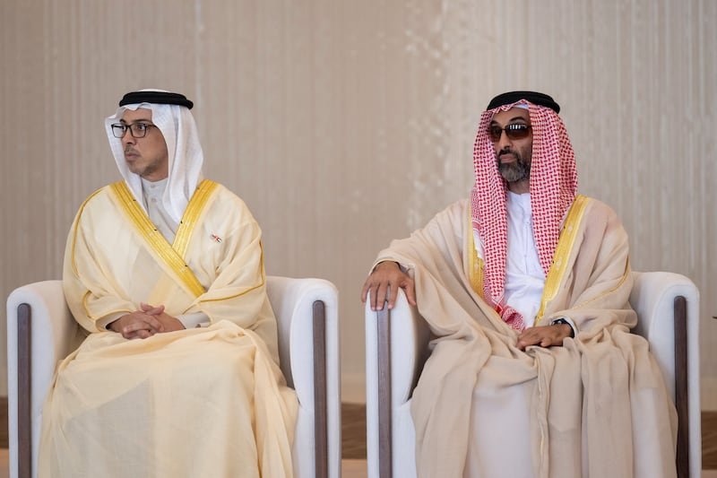 Sheikh Mansour and Sheikh Tahnoun bin Zayed, National Security Adviser and Deputy Ruler of Abu Dhabi, at the reception for Sultan Haitham