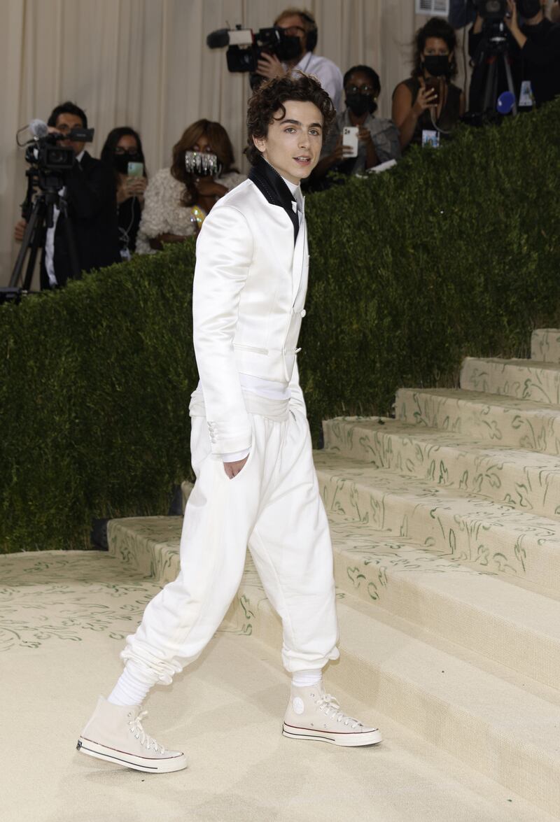 Timothee Chalamet, in Haider Ackermann, at the 2021 Met Gala. EPA