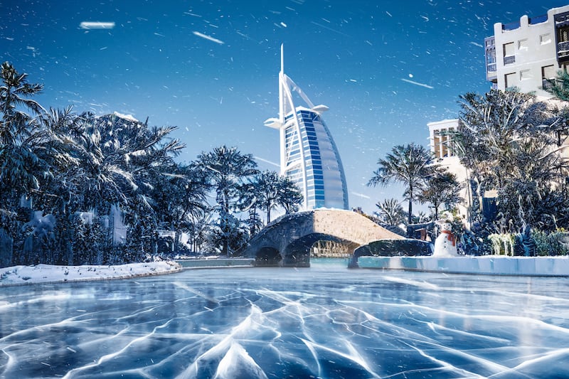 The Burj Al Arab seen along with a frozen lake.