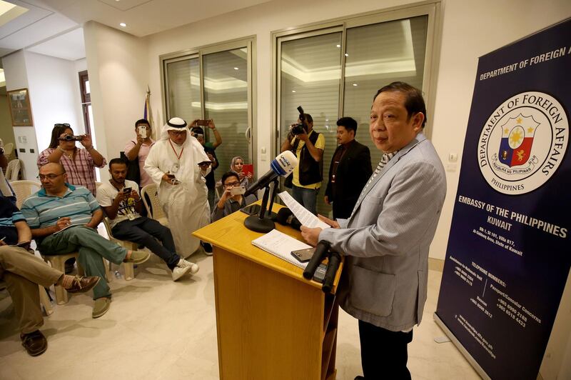 (FILES) This file photo taken on April 21, 2018 shows Filipino Ambassador in Kuwait Renato PO Villa speaking during a press conference at the Philippines embassy in Kuwait City.
Manila demanded an explanation on April 26, 2018 after its ambassador to Kuwait was expelled, shocking Philippine authorities and deepening a diplomatic row over the treatment of domestic workers in the Gulf state. / AFP PHOTO / YASSER AL-ZAYYAT
