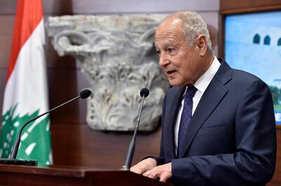 epa07361490 Arab League Secretary-General Ahmed Abou Al-Gheit speaks during a press conference following his meeting with the Lebanese President at the Presidential Palace in Baabda, east Beirut, Lebanon, 11 February 2019. Abou Al-Gheit arrived to Lebanon to invite Lebanese president Michel Aoun to attend the European-Arab Summit in Egypt on the last week of February, and for the Arab League Summit in Tunisia in March 2019.  EPA/WAEL HAMZEH