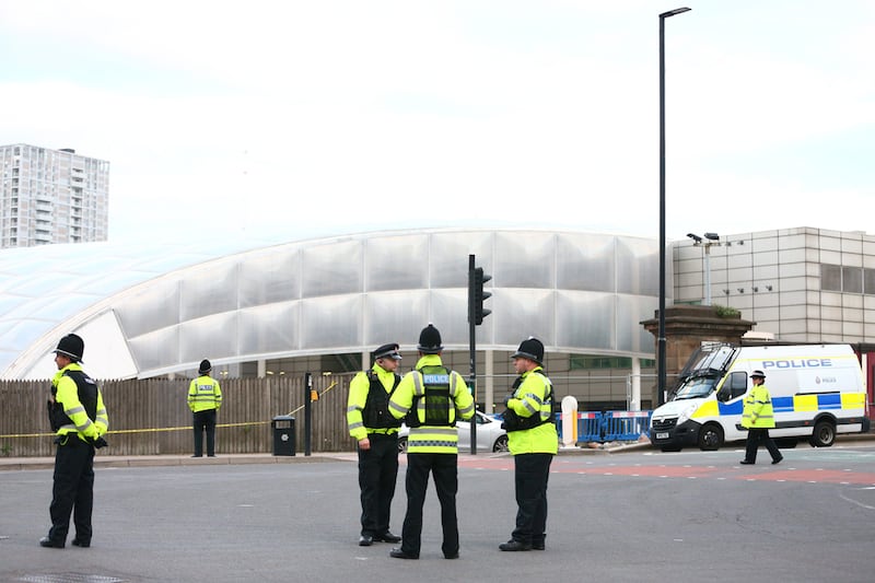Police outside the Manchester Arena after was targeted by a bombing in 2017.
