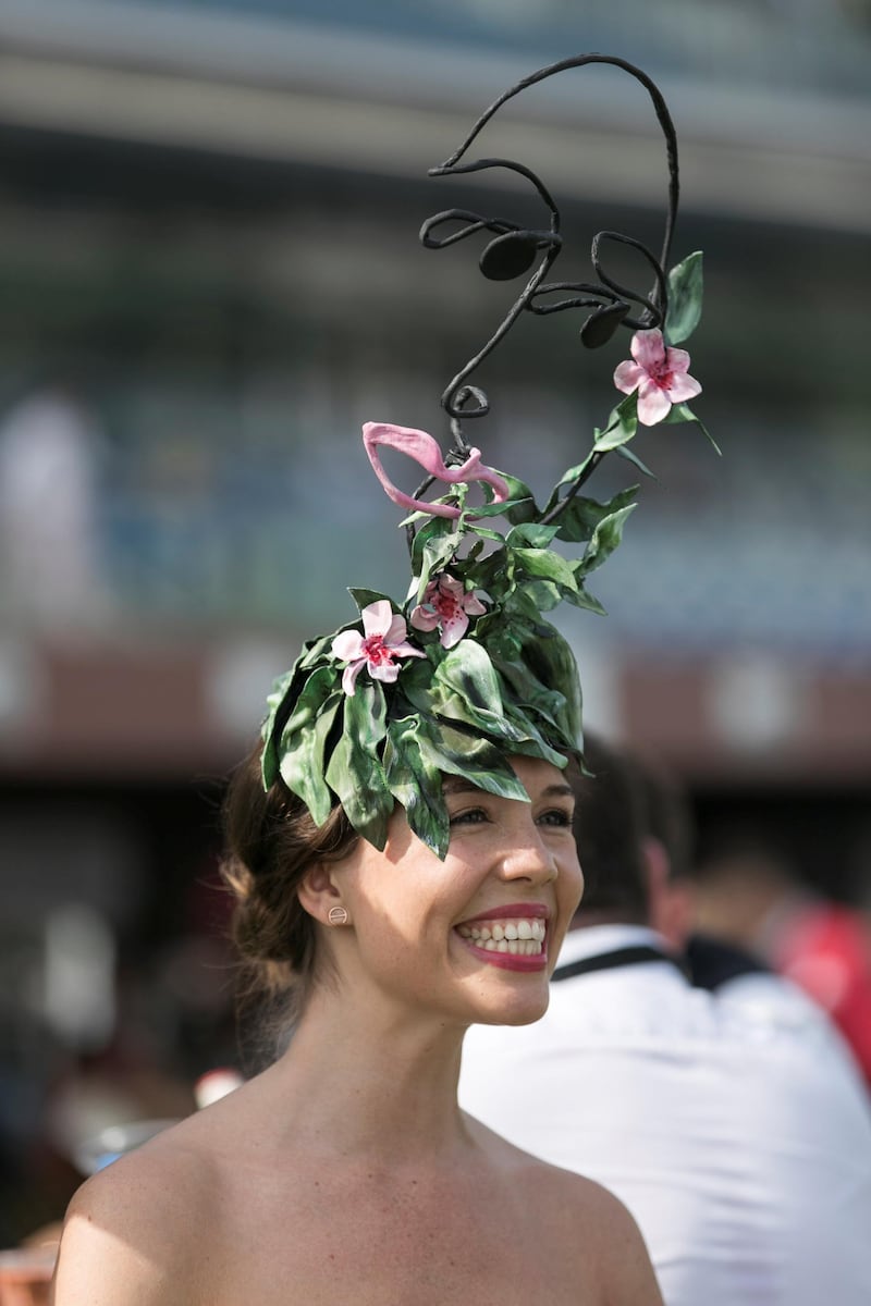 DUBAI, UNITED ARAB EMIRATES - MARCH 31, 2018. 

Charlotte Coddis, an artist based in Dubai, handmade her hat at Dubai World Cup 2018. It's inspired by Henri Matisse.

(Photo by Reem Mohammed/The National)

Reporter: 
Section: NA