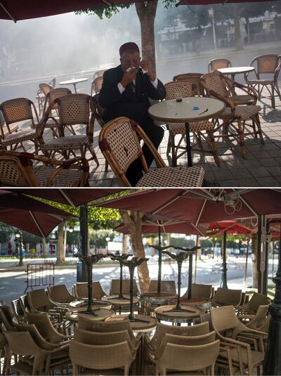 A combo image showing a man trying to breathe through a cloth as teargas during a demonstration against former Tunisian President Zine El Abidine Ben Ali in the center of Tunis, Monday, Jan. 17. 2011 top, and empty chairs and tables packed outside a close street cafe in Tunis' landmark Avenue Habib Bourgiba, where massive protests took place in 2011, on the tenth anniversary of the uprising, during to a national lockdown after a surge in Covid-19 cases, in Tunis, Thursday, Jan. 14, 2021. Tunisia is commemorating the 10th anniversary since the flight into exile of its iron-fisted leader, Zine El Abidine Ben Ali, pushed from power in a popular revolt that foreshadowed the so-called Arab Spring. But there will be no festive celebrations Thursday marking the revolution in this North African nation, ordered into lockdown to contain the coronavirus. (AP Photo/Thibault Camus, Mosa'ab Elshamy)