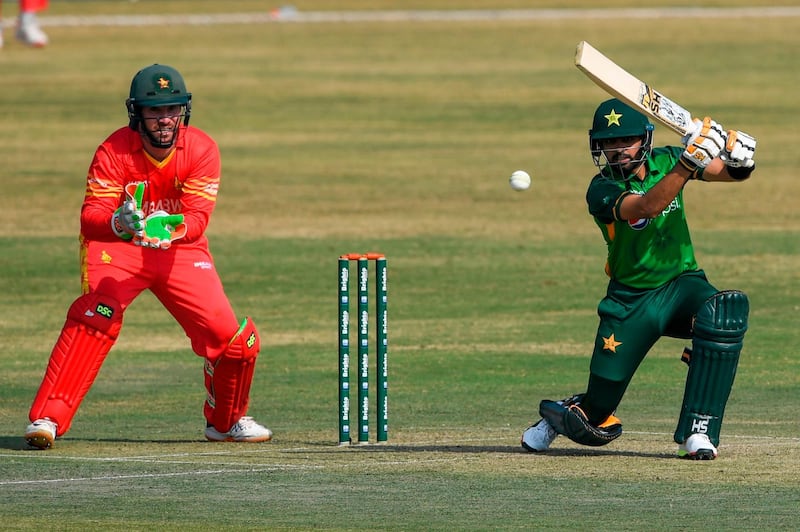 Babar Azam drives the ball during the first ODI against Zimbabwe in Rawalpindi. AFP