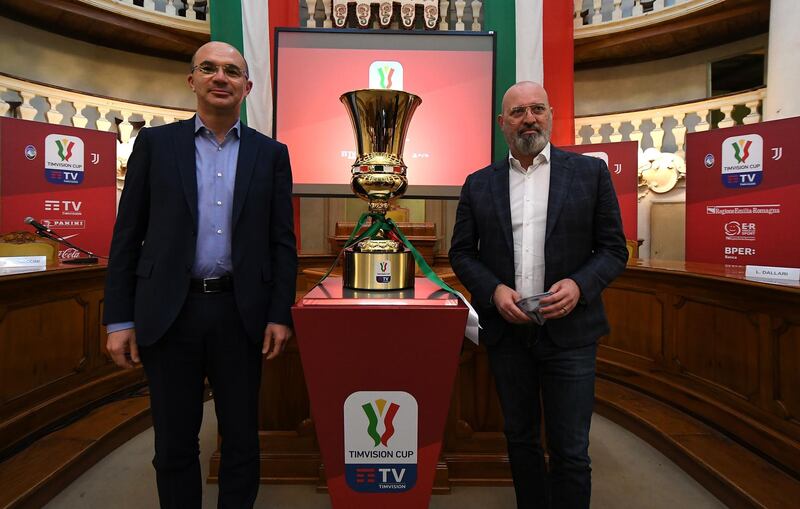 Mayor of Reggio Emilia Luca Vecchi and President of Emilia Romana Stefano Bonaccini with the Coppa Italia trophy. Getty