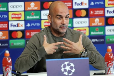 MANCHESTER, ENGLAND - MAY 16: Pep Guardiola, Manager of Manchester City speaks to the media during a press conference ahead of their UEFA Champions League semi-final second leg match against Real Madrid at Manchester City Football Academy on May 16, 2023 in Manchester, England. (Photo by Clive Brunskill / Getty Images)
