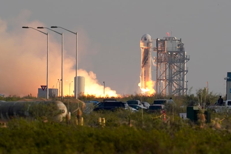 Blue Origin’s New Shepard rocket is launched from its spaceport.