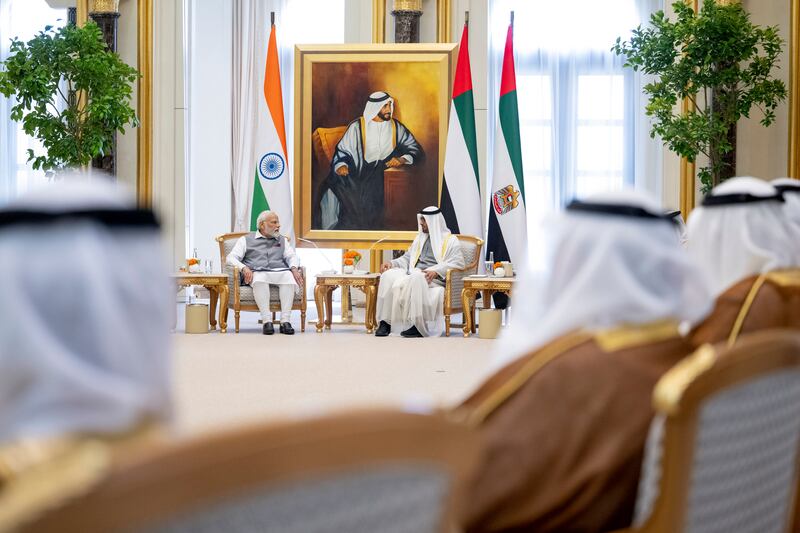 President Sheikh Mohamed and Narendra Modi, Prime Minister of India, at Qasr Al Watan. Hamad Al Kaabi / UAE Presidential Court