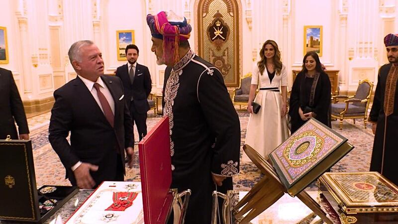 Sultan Haitham is awarded the Order of the Bejewelled Grand Cordon of Al Nahda (Order of the Renaissance) by King Abdullah II on the Jordanian monarch's visit to Oman. Sultan Haitham awarded his guest the Oman Civil Order First Class in appreciation of the deep ties their nations share. @RHCJO via Twitter