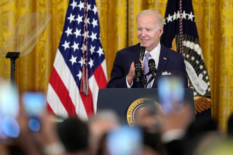 President Joe Biden speaks during a reception in the East Room of the White House to mark Eid Al Fitr. AP