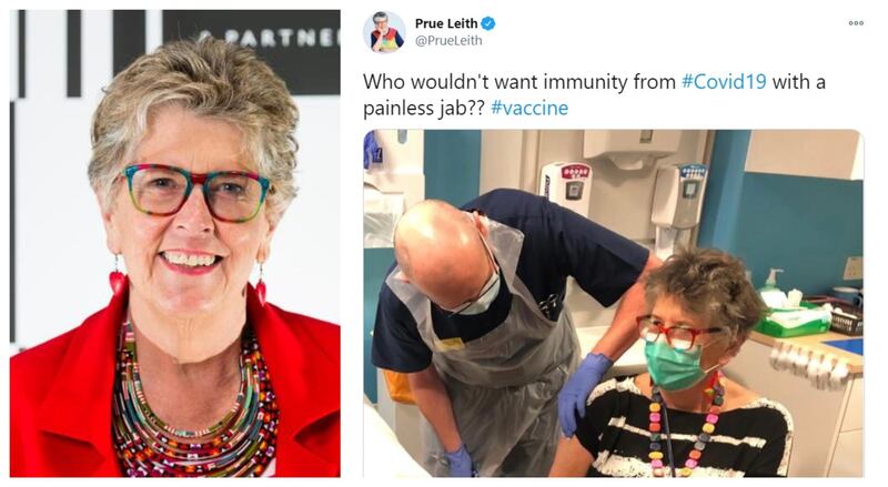 The ‘Great British Bake Off’ host Prue Leith, 80, called the jab ‘painless’ and said she was ‘absolutely delighted’ to receive it in her native UK. Getty Images, Twitter