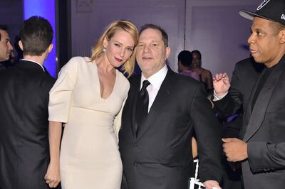 NEW YORK, NY - FEBRUARY 10:  (L-R) Uma Thurman, Harvey Weinstein, and Jay Z attend the 2016 amfAR New York Gala at Cipriani Wall Street on February 10, 2016 in New York City.  (Photo by Dimitrios Kambouris/WireImage)