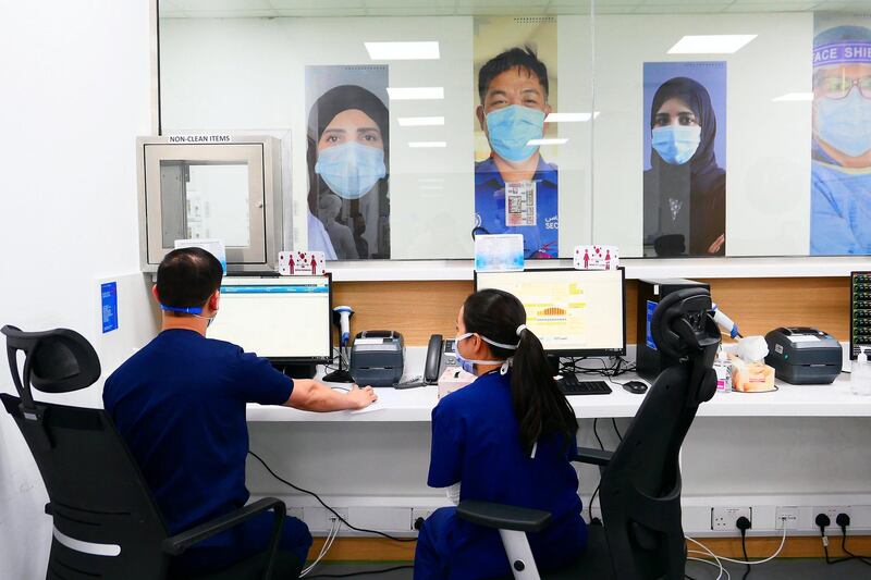 Nursing staff at the Mohammed Bin Zayed field hospital in Ras al Khaimah on April 25,2021. Pawan Singh / The National. Story by Shireena