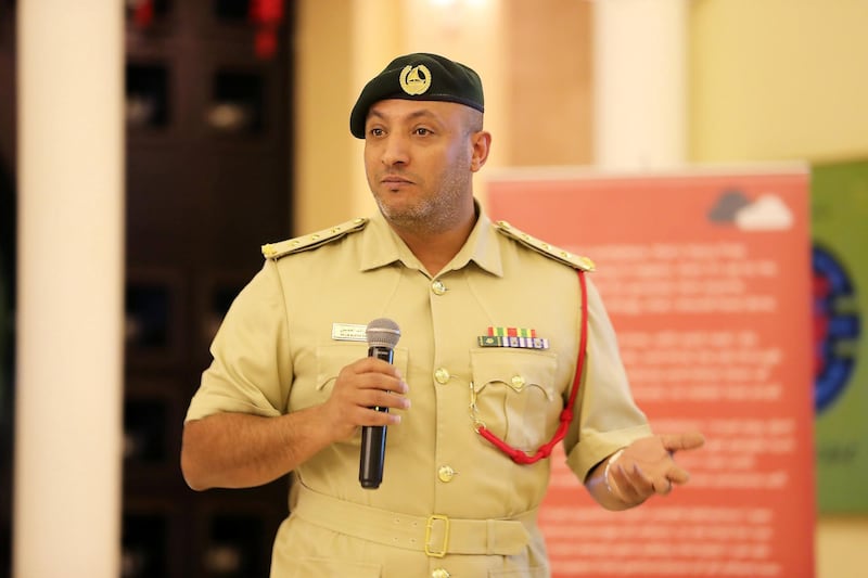 DUBAI,  UNITED ARAB EMIRATES , OCTOBER 10  – 2019 :- Capt. Salem Mesfer Rashid Alamimi from Dubai Police speaking during the road safety event held at Ibn Battuta Gate Hotel in Dubai. ( Pawan Singh / The National ) For News. Story by Patrick