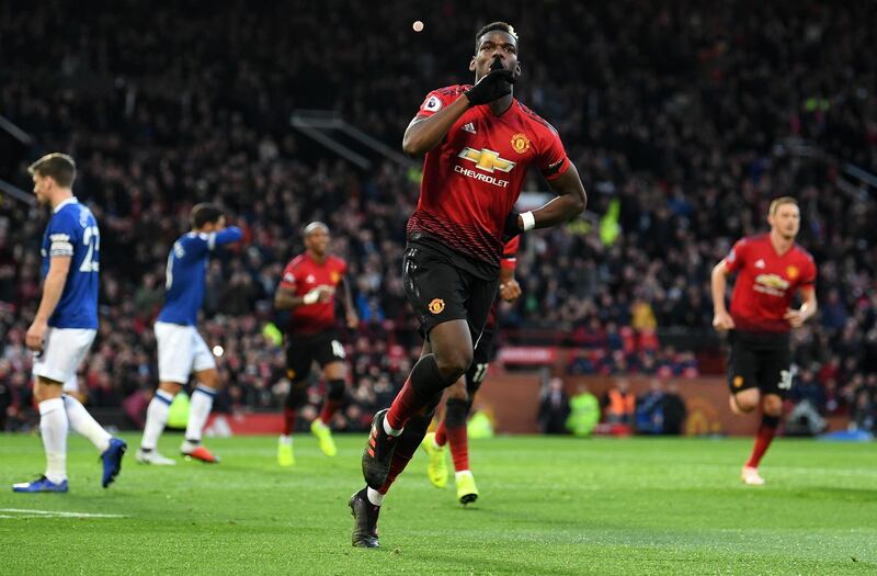 Pogba puts in the rebound and runs away to celebrate.  Getty Images