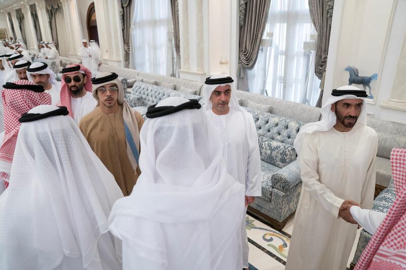 ABU DHABI, UNITED ARAB EMIRATES - January 29, 2018: (R-L) HH Sheikh Nahyan Bin Zayed Al Nahyan, Chairman of the Board of Trustees of Zayed bin Sultan Al Nahyan Charitable and Humanitarian Foundation, HH Lt General Sheikh Saif bin Zayed Al Nahyan, UAE Deputy Prime Minister and Minister of Interior, HH Sheikh Mansour bin Zayed Al Nahyan, UAE Deputy Prime Minister and Minister of Presidential Affairs, HH Sheikh Tahnoon bin Zayed Al Nahyan, UAE National Security Advisor and HH Sheikh Hamed bin Zayed Al Nahyan, Chairman of the Crown Prince Court of Abu Dhabi and Abu Dhabi Executive Council Member, receive mourners who are offering condolences on the passing of HH Sheikha Hessa bint Mohamed Al Nahyan, at Mushrif Palace.

( Omar Al Askar for Crown Prince Court - Abu Dhabi )

---