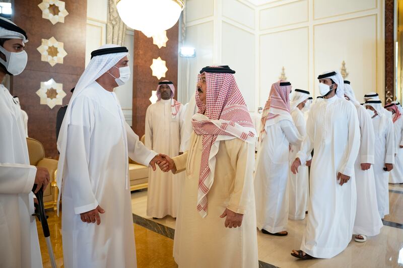 King Hamad of Bahrain and Sheikh Nasser bin Hamad offer condolences to Sheikh Dr Sultan bin Khalifa, adviser to the President, Sheikh Mohamed. Abdulla Al Neyadi for the Ministry of Presidential Affairs