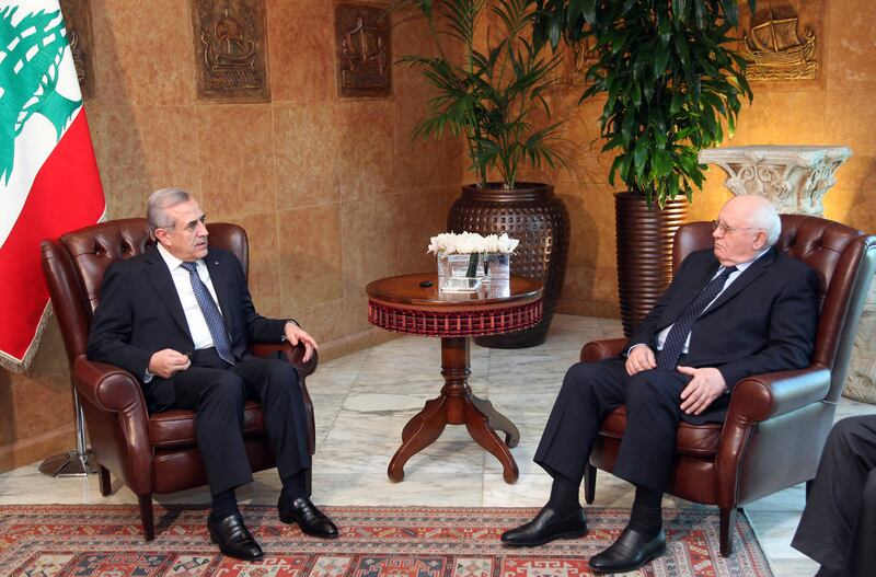 Lebanese President Michel Sleiman (left) with Mr Gorbachev at the presidential palace in Baabda, east of Beirut, on February 1, 2010. Gorbachev is on a private visit to Lebanon. AFP