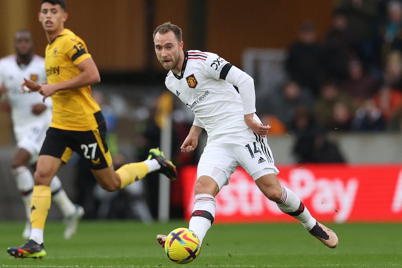 United midfielder Christian Eriksen passes the ball at Molineux. AFP