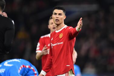 Manchester United's Cristiano Ronaldo reacts during the UEFA Champions League round of 16, second leg soccer match between Manchester United and Atletico Madrid in Manchester, Britain, 15 March 2022.   EPA / PETER POWELL