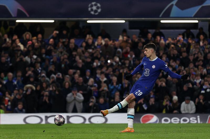 Chelsea's Kai Havertz hits the post from the penalty spot before a VAR review led to the spot kick being re-taken for encroachment by Borussia Dortmund. AFP