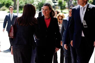 European Union foreign affairs lead Federica Mogherini arrives for the meeting of the International Contact Group on Venezuela. AP