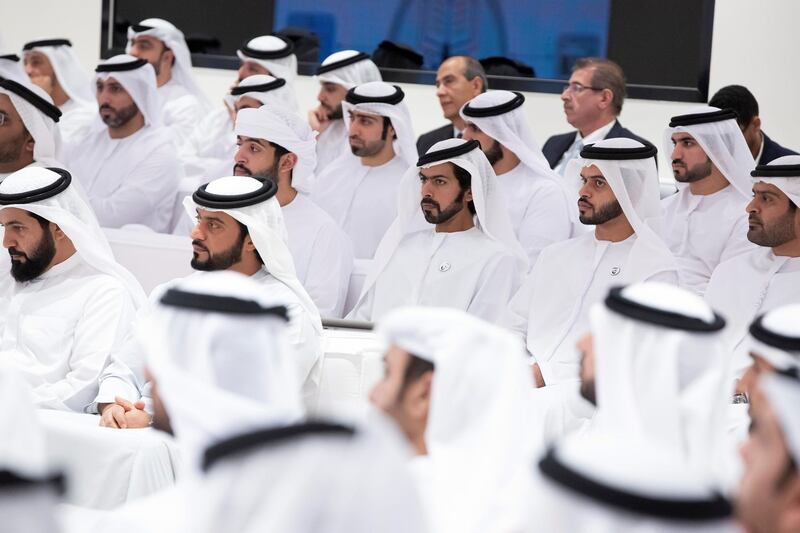 ABU DHABI, UNITED ARAB EMIRATES - May 15, 2019:  HH Sheikh Khalifa bin Tahnoon bin Mohamed Al Nahyan, Director of the Martyrs' Families' Affairs Office of the Abu Dhabi Crown Prince Court (3rd R) attends a panel discussion with Abdulrahman Al Shamsi (not shown) and Maria Al Hatali (not shown), titled: “The Manipulation of Religious texts by Extremists”, at Majlis Mohamed bin Zayed. Seen with HH Sheikh Sultan bin Saeed bin Mohamed Al Nahyan (2nd R). 

( Hamad Al Mansouri for the Ministry of Presidential Affairs )​
---