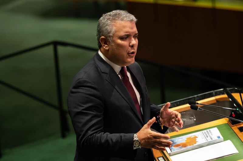 Ivan Duque, Colombia's president, speaks during the UN General Assembly meeting in New York, U.S. Colombia will give the UN a 128-page dossier that contains evidence that "demonstrates the complicity of the regime of Nicolas Maduro with terrorist cartels that attack Colombians," said Duque. Bloomberg