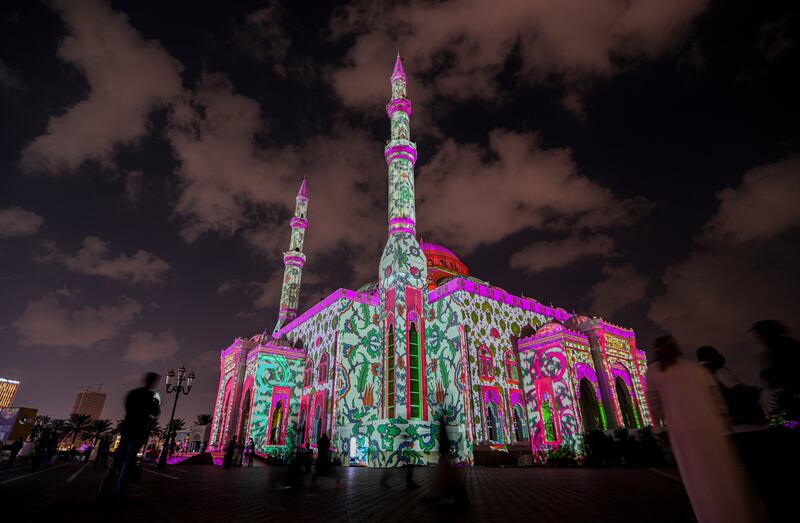 Over the course of 12 days, the festival offers visitors 10 shows lighting up landmarks around Sharjah, such as Al Noor Mosque. EPA