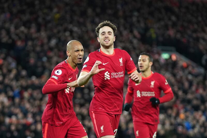 Diogo Jota celebrates after scoring for Liverpool in their Premier League win over Leicester City at Anfield on Thursday, February 10. AP