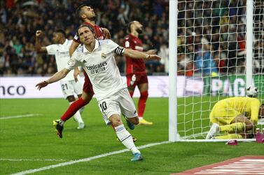 Real Madrid's Luka Modric celebrates after scoring the 1-0 goal during the Spanish LaLiga soccer match between Real Madrid and Sevilla, in Madrid, Spain, 22 October 2022.   EPA / Rodrigo Jimenez