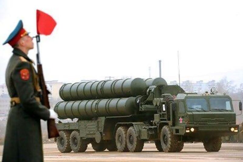 A Russian surface-to-air missile system S-300 PMU2 Favorit rolls during a rehearsal of the Victory Day Parade in Alabino, outside Moscow.